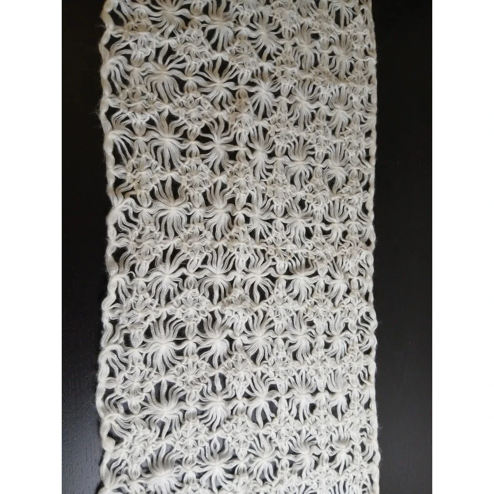Vintage Crochet Long 64'Scarf Cream Handmade Open Weave Boho Fringe 17' Wid#496C